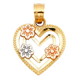 14K Tricolor Gold Heart with Flowers Pendant on White Background
