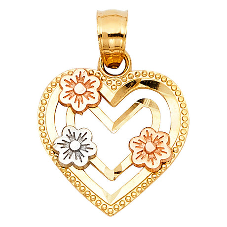 14K Tricolor Gold Heart with Flowers Pendant on White Background