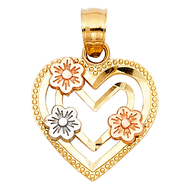 14K Tricolor Gold Heart with Flowers Pendant on White Background