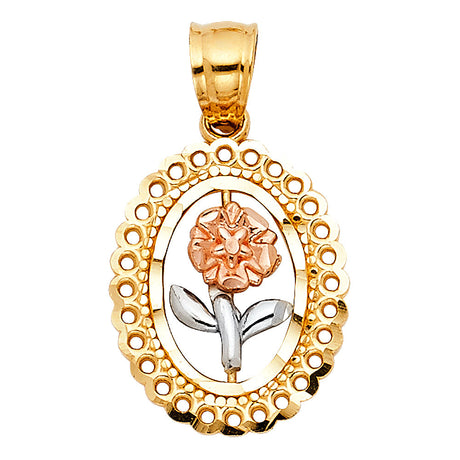 14K Tricolor Gold Rose Oval Pendant on White Background