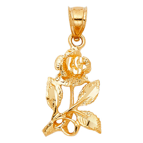 14K Yellow Gold Long-Stem Rose Pendant on White Background