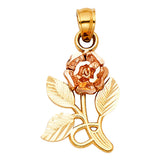 14K Two-Tone Gold Long-Stem Rose Pendant on White Background