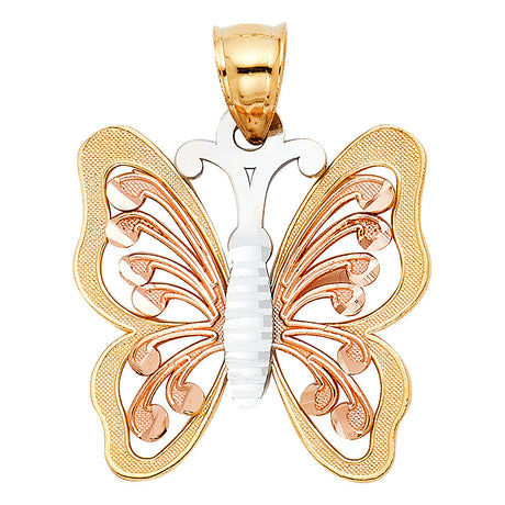 14K Tricolor Gold Filigree Butterfly Pendant