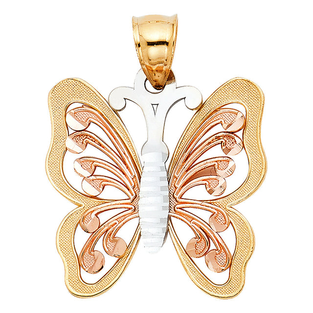 14K Tricolor Gold Filigree Butterfly Pendant