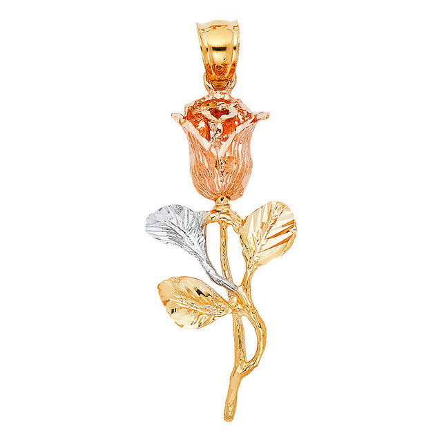 14K Tricolor Gold Rosebud Pendant on White Background