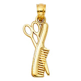 14K Yellow Gold Scissors and Comb Pendant on White Background