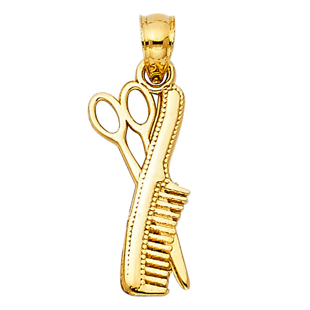 14K Yellow Gold Scissors and Comb Pendant on White Background