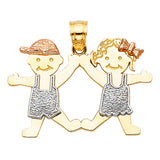 14K Tricolor Gold Girl and Boy Pendant on White Background