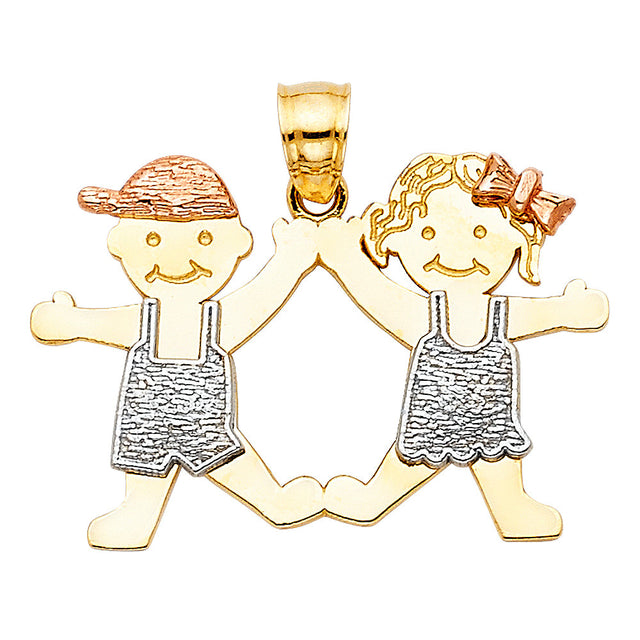 14K Tricolor Gold Girl and Boy Pendant on White Background