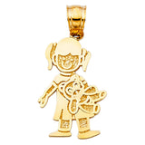 14K Yellow Gold Girl with Doll Pendant on White Background