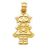 14K Yellow Gold Girl Holding Doll Pendant on White Background