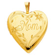 14K Yellow Gold Mom Engraved Heart Locket Pendant on White Background