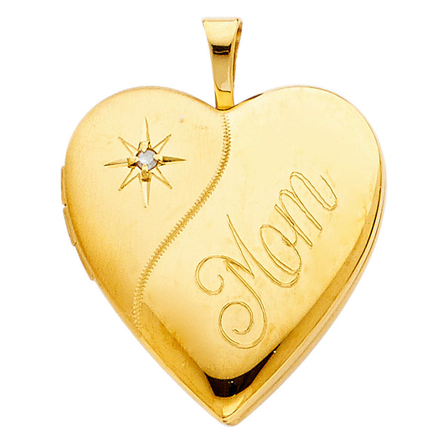 14K Yellow Gold Mom Diamond-Accent Heart Locket Pendant on White Background