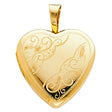 14K Yellow Gold Engraved Scroll Heart Locket Pendant on White Background