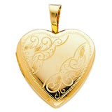 14K Yellow Gold Engraved Scroll Heart Locket Pendant on White Background