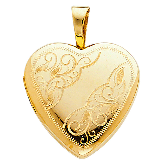 14K Yellow Gold Engraved Scroll Heart Locket Pendant on White Background