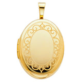 14K Yellow Gold Oval Engraved Locket Pendant on White Background