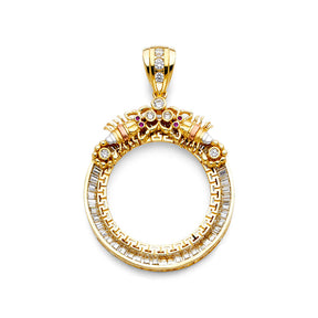 14K Yellow Gold Double-Dragon Coin Frame Pendant on White Background