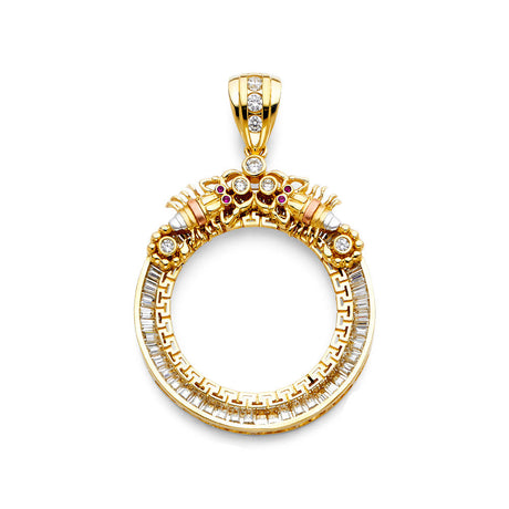 14K Yellow Gold Double-Dragon Coin Frame Pendant on White Background