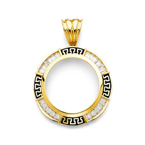 14K Yellow Gold Greek-Key Coin Frame Pendant on White Background