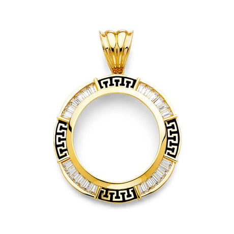 14K Yellow Gold Greek-Key Coin Frame Pendant on White Background