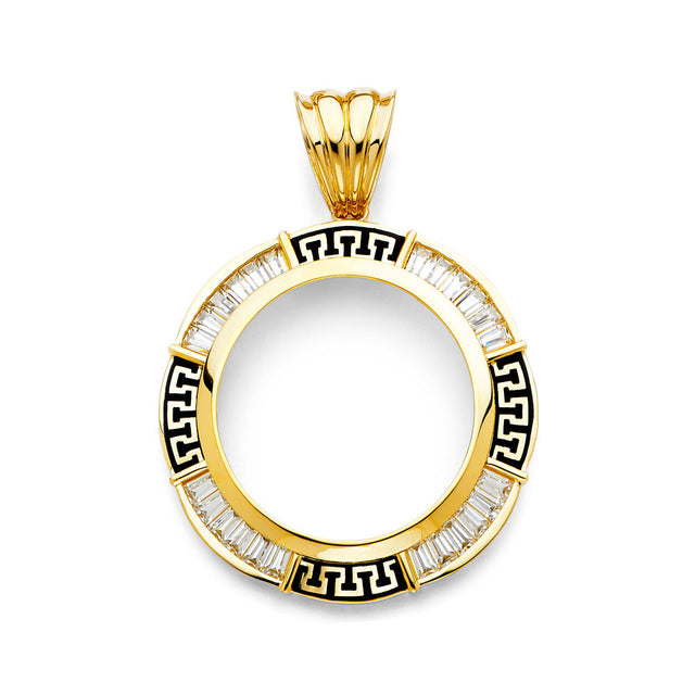 14K Yellow Gold Greek-Key Coin Frame Pendant on White Background