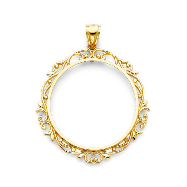 14K Yellow Gold Floral 50 Pesos Coin Frame Pendant