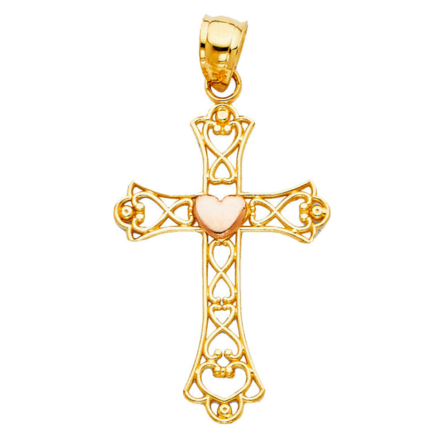 14K Two-Tone Gold Heart Cross Pendant