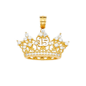 14K Yellow Gold CZ 15 Years Crown Pendant