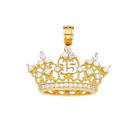 14K Yellow Gold CZ 15 Years Crown Pendant