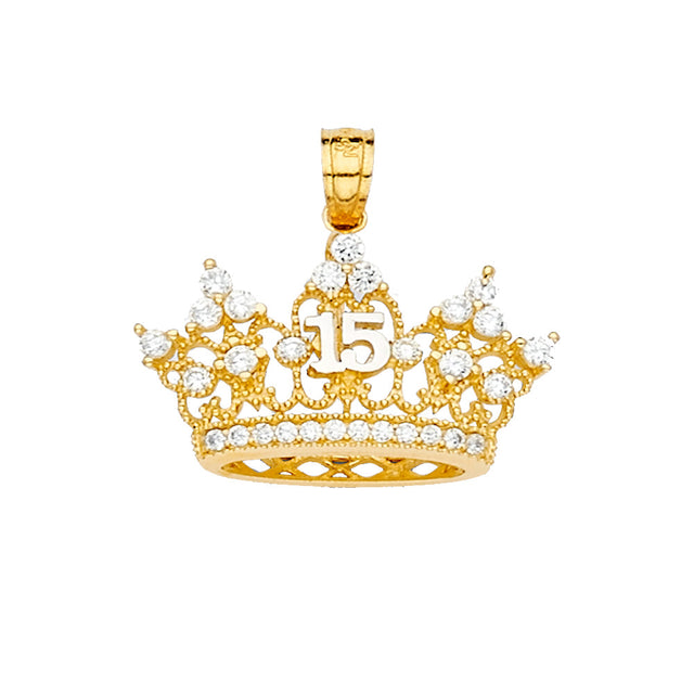 14K Yellow Gold CZ 15 Years Crown Pendant