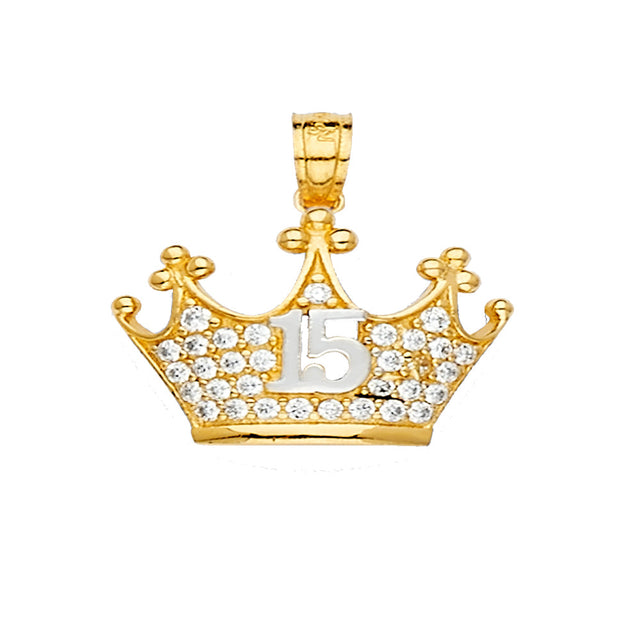 14K Yellow Gold CZ 15 Years Crown Pendant