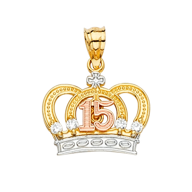 14K Tricolor Gold CZ 15 Years Crown Pendant