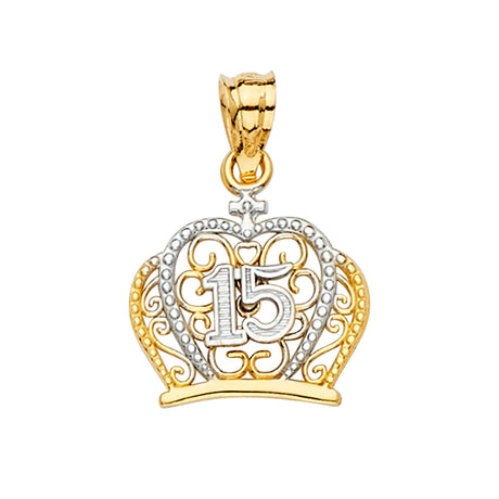 14K Two-Tone Gold CZ 15 Years Crown Pendant