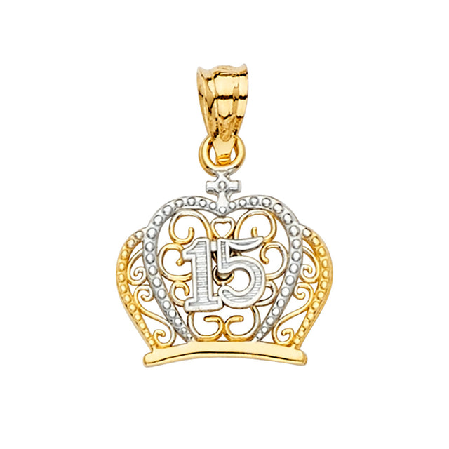 14K Two-Tone Gold CZ 15 Years Crown Pendant