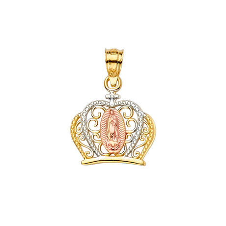 14K Tricolor Gold CZ Guadalupe Crown Pendant