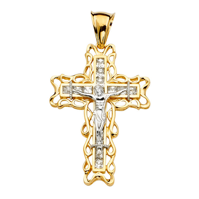 14K Yellow Gold CZ 2Tone Crucifix Cross Pendant