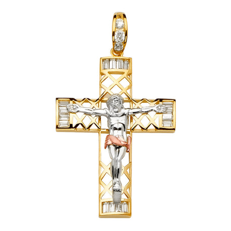 14K Yellow Gold CZ 3Color Crucifix Cross Pendant