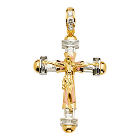 14K Yellow Gold CZ 3Color Crucifix Cross Pendant