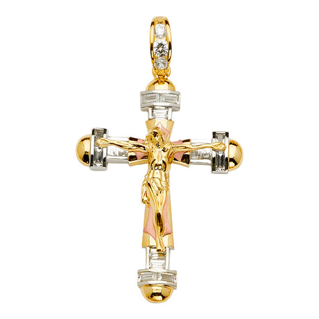 14K Yellow Gold CZ 3Color Crucifix Cross Pendant