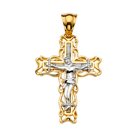 14K Yellow Gold CZ 2Tone Crucifix Cross Pendant
