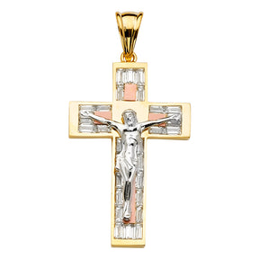 14K Yellow Gold CZ 3Color Crucifix Cross Pendant