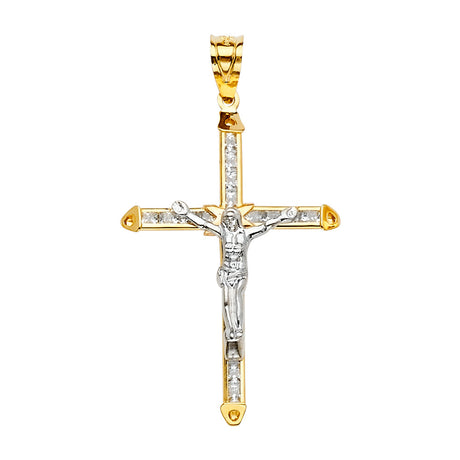 14K Yellow Gold CZ 2Tone Crucifix Cross Pendant