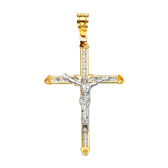 14K Yellow Gold CZ 2Tone Crucifix Cross Pendant