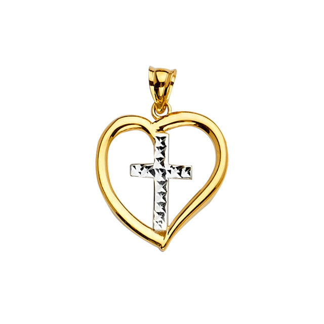 14K Two-Tone Gold Open Heart Pendant with Diamond-Cut Cross