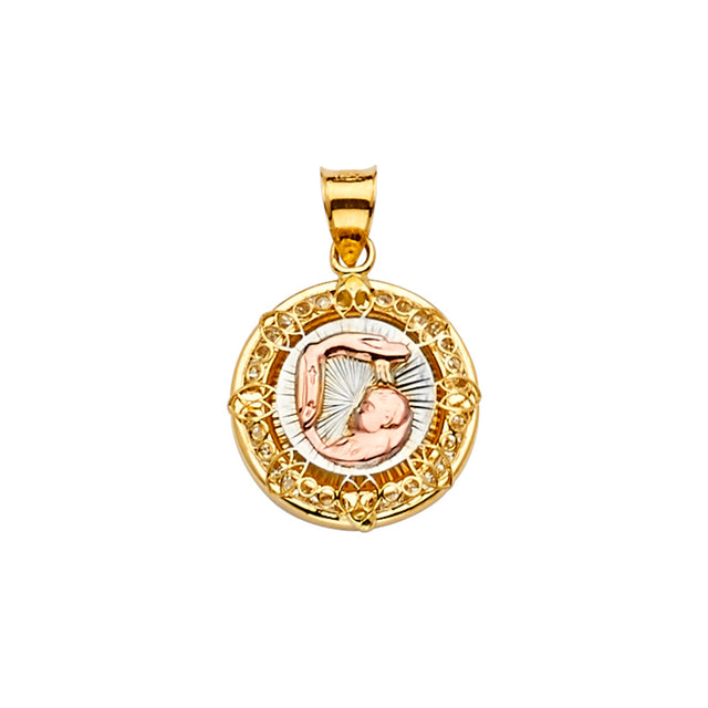 14K Yellow Gold CZ 2Tone Baptism Medal Pendant