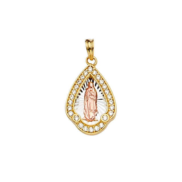 14K Tricolor Gold CZ Guadalupe Medal Pendant