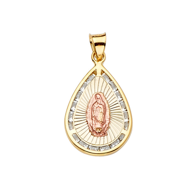 14K Yellow Gold CZ 3Color Guadalupe Medal Pendant