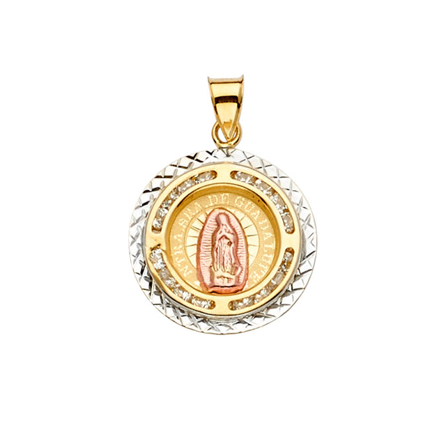 14K Yellow Gold CZ 3Color Guadalupe Medal Pendant