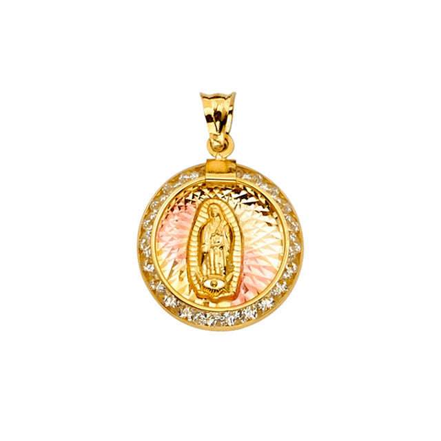 14K Yellow Gold CZ 3Color Guadalupe Medal Pendant